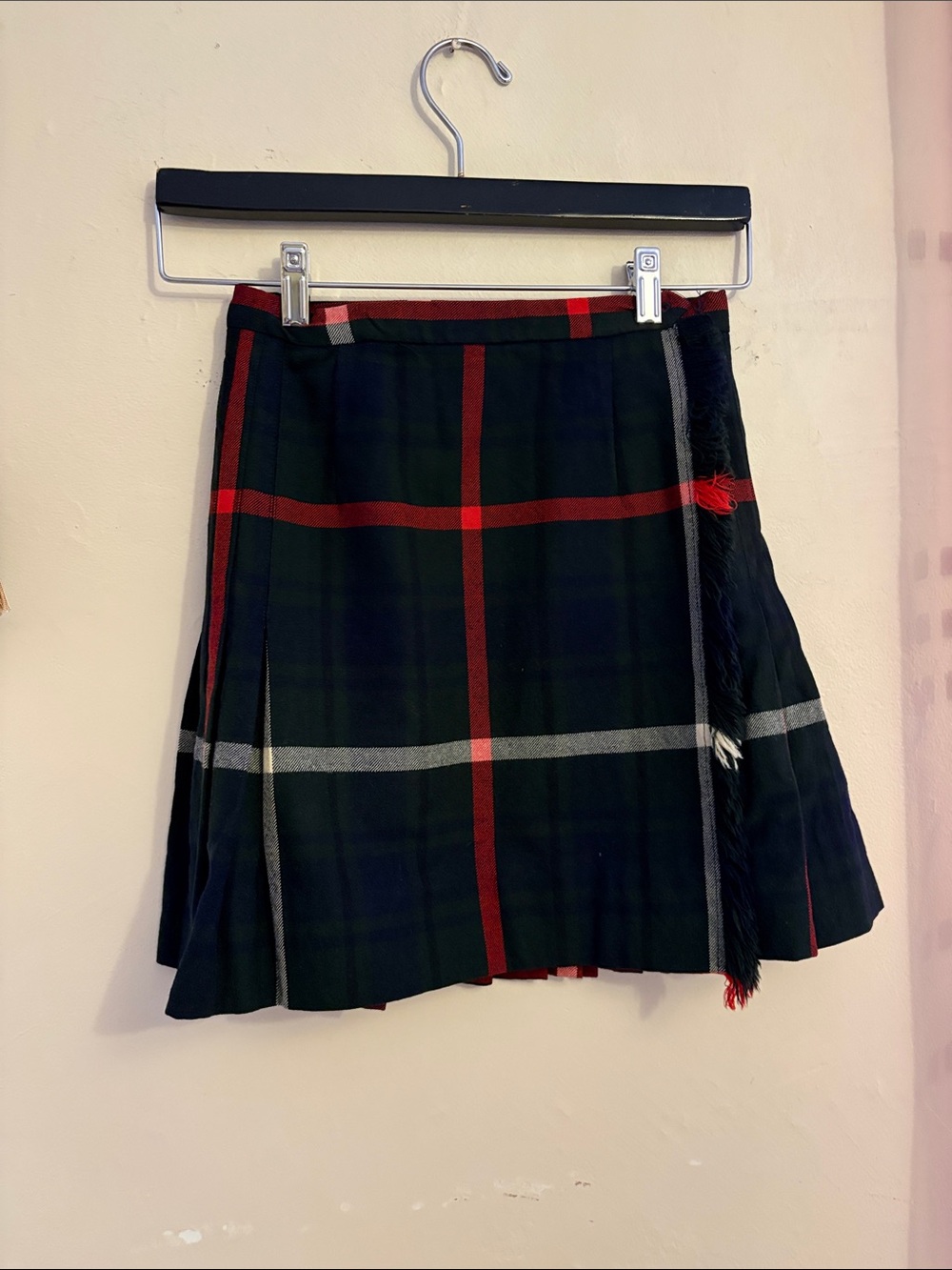 Girls' Plaid Pleated Skirt with Fringe Trim - Black and Red.  Wool